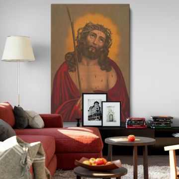 Jesus Christ framed canvas wall print featuring a vintage religious depiction of Christ wearing the crown of thorns with a sorrowful expression, a sacred Christian artwork ideal for home, church, prayer room, or as a faith-based religious gift.