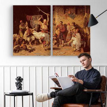 Joanovitch Paul the Sword Dance - two-panel canvas displayed in a reading room