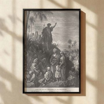 This canvas wall art features John the Baptist addressing followers in the wilderness, his halo glowing and posture strong, drawn by Gustave Dore in intricate lines and spiritual detail, ideal for religious decor or scriptural study environments.