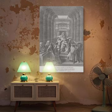 In this wall canvas, Dore illustrates the moment Joseph's identity is revealed, framed by tall columns and ancient Egyptian decor, as brothers kneel before him and recognize the one they sold, a scene of dramatic tension and spiritual reconciliation.