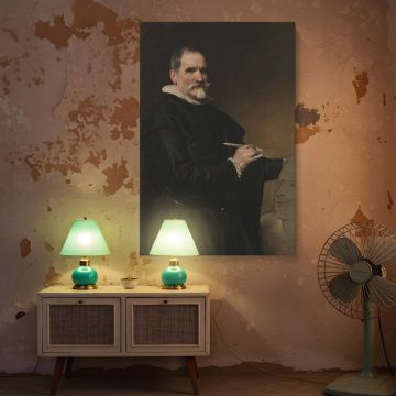 Baroque canvas wall art of Juan Martinez Montanes shows the Spanish sculptor with brush in hand beside a model bust, painted by Velazquez with realism and respect, bringing timeless cultural depth and elegance to scholarly or vintage-inspired spaces.