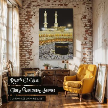Mecca's Masjid al-Haram and the Kaaba are depicted in this sacred canvas wall art with detailed lighting, crowds in prayer, and majestic architecture, ideal for Muslim homes, prayer spaces, and those who cherish Islamic pilgrimage memories.
