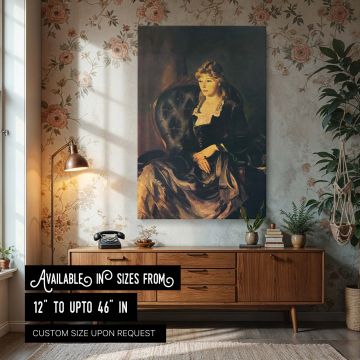 Canvas wall print of "Katherine Rosen" by George Bellows, featuring a seated young woman in a dark velvet gown with lace trim, her hands gently folded in her lap. The golden light illuminates her thoughtful face, contrasting softly with the deep shadows a