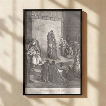 A deeply moving canvas wall print of Gustave Dore's dramatic biblical illustration "David Mourns the Death of Absalom," rendered in exquisite black and white detail. King David stands elevated above his court, consumed by sorrow, while others kneel or bow