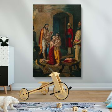Historic 1907 artwork by Raja Ravi Varma showing Krishna rescuing his parents, Vasudeo and Devki, from imprisonment, with vivid colors, dramatic lighting, and intricate details capturing the love and devotion of this iconic Hindu mythology scene.