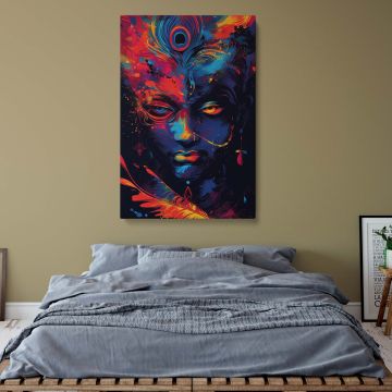Premium-quality Krishna wall decor featuring an abstract Hindu deity painting in bold, vivid colors, designed for yoga rooms, prayer areas, or as a thoughtful gift for Hindu devotees, spiritual seekers, or lovers of Indian mythology-inspired artwork.