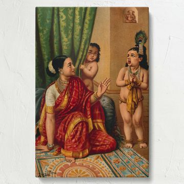 Chromolithograph by Raja Ravi Varma featuring Yashoda witnessing the universe in Krishna's mouth, a timeless representation of Indian mythology and spirituality captured in exquisite detail and traditional artistry.