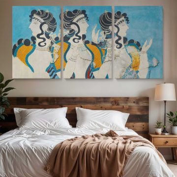 Ladies in Blue Fresco Reproduction by Emile Gillieron — three-panel canvas above a bed