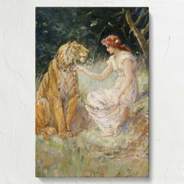 Museum-quality canvas print of Lady and the Tiger, a symbolic and romantic artwork from 1900 by Frederick Stuart Church, featuring soft colors and delicate brushstrokes, perfect for art collectors, classical homes, and sophisticated interior design.