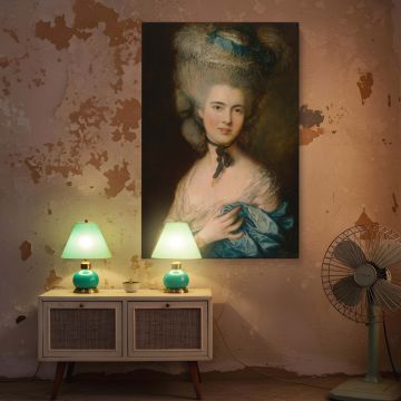 Wall canvas of Thomas Gainsborough's portrait "A Woman in Blue," featuring a refined lady in a light blue silk gown, white lace neckline, and a voluminous hairstyle. Her subtle smile and poised hand give the piece gentle elegance. The neutral background e