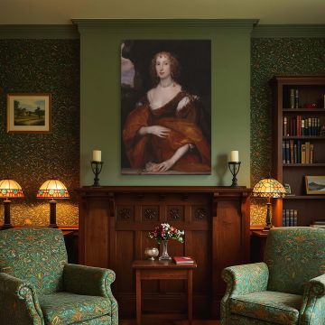 Canvas wall art of Lady Killigrew by Anthony Van Dyck, a graceful 17th-century portrait of a noblewoman in a golden amber dress with pearls. Her gentle pose and composed face are illuminated by soft light against a rich background. The fabric and jewelry 