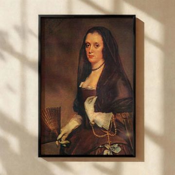 This canvas wall art of Dama con Abanico by Velazquez presents a poised woman gazing confidently forward while dressed in aristocratic Spanish attire, including lace gloves, a rosary chain, and a delicate fan, painted with soft baroque tones and subtle re