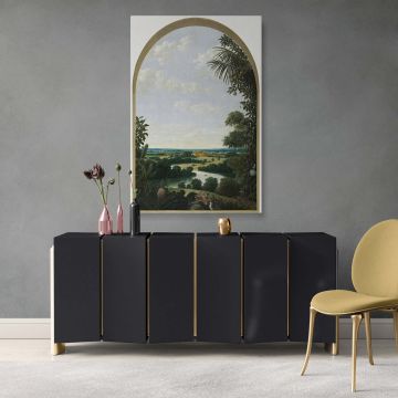 Historical tropical plantation scene painted by Frans Jansz Post in 1652, a serene Brazilian landscape with lush greenery and a peaceful river, reproduced as a stunning fine art canvas print perfect for classic and elegant wall decor