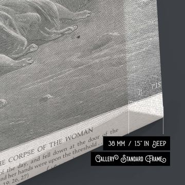 A classical black and white canvas wall print of Gustave Dore's engraving, showing the biblical moment when a Levite finds his concubine lifeless. The emotional tension between the upright man and the fallen woman is expertly drawn, with careful shading a