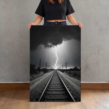 Lightning and Rainbow Thunderstorm canvas print, canvas shown with a person for scale