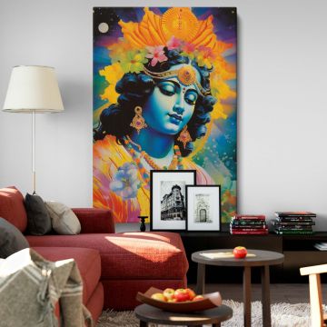 A vibrant wall canvas of Lord Krishna with a serene expression, adorned with intricate gold jewelry and gemstones, surrounded by a glowing yellow aura and colorful flowers, symbolizing divine grace, spiritual peace, and traditional Indian artistry.