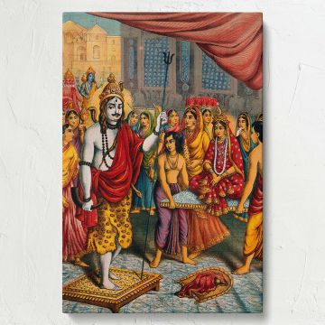 Stunning depiction of Lord Shiva and Parvati's divine wedding ceremony, with Shiva standing on a platform holding his trident, Parvati seated in a palanquin, and vibrant colors highlighting the intricate cultural details of Indian mythology.