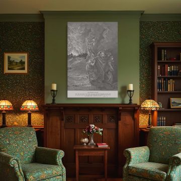 This canvas wall art depicts Lot and his daughters fleeing as Sodom burns in the background, while his wife glances back in defiance and becomes a pillar of salt, rendered in Dore's timeless style and ideal for theological reflection or religious home dec