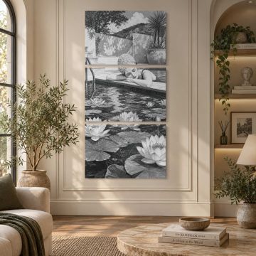 Lotus Blooms and Garden Pavilion in Grayscale canvas print, interior display view