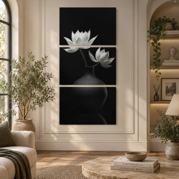Lotus Flowers in a Vase in Monochrome canvas print, interior display view