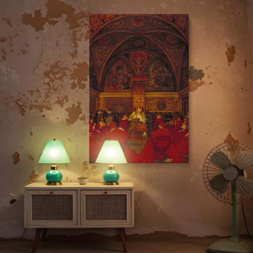 Canvas wall print showing Lucretia Borgia as a central figure of authority in the Vatican, dressed in white with a golden backdrop, framed by red-robed clergy. The vaulted ceiling is covered in complex frescoes, adding layers of narrative and visual richn