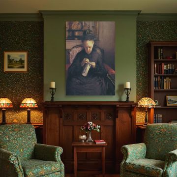 Elegant and contemplative, this canvas wall print of "Madame Martial Caillebotte" by Gustave Caillebotte captures a poignant domestic moment. A woman, likely in mourning, sits quietly sewing as golden light falls across her lap. The scene's emotional stil