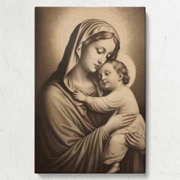 Madonna and Child sacred drawing canvas print, featuring a timeless depiction of the Virgin Mary and baby Jesus, professionally printed on high-resolution canvas, ideal for traditional Christian homes, chapels, or prayer room wall decoration.
