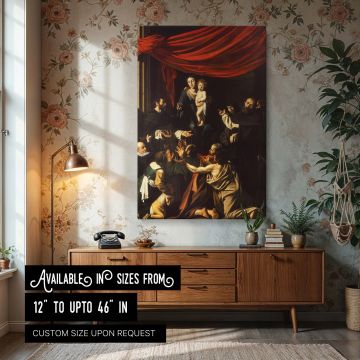 Canvas wall art of Caravaggio's Madonna of the Rosary featuring the Virgin Mary holding baby Jesus as saints distribute rosaries to the faithful, painted with dramatic lighting and rich color, offering deep Catholic symbolism in stunning religious canvas 