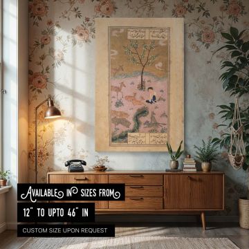 Wall canvas print of "Majnun in the Desert," a Persian miniature painting showing a barefoot man sitting peacefully in a pink desert with animals like deer, wolves, and birds around him. A delicate tree with green leaves and floral branches stands above h