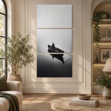 Man Fishing from a Rowboat in Monochrome canvas print, interior display view