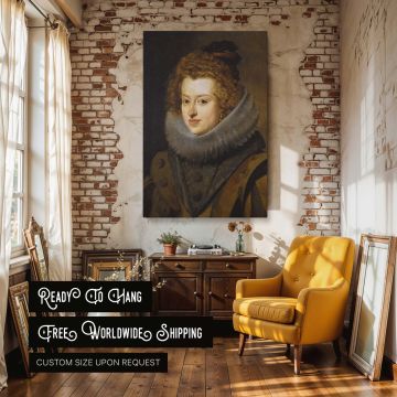 Stunning canvas wall art of Diego Velazquez's royal portrait depicting Maria Anna of Spain with golden curls and a regal collar, painted with soft realism and great finesse, capturing Spanish noble elegance for any classic or traditional interior wall.