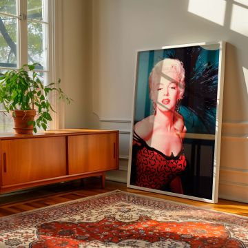 Bold and elegant image of Marilyn Monroe in a red dress and feather headpiece beautifully captured in canvas wall art style perfect for vintage wall art lovers and anyone seeking glamour photo print artwork for their space.