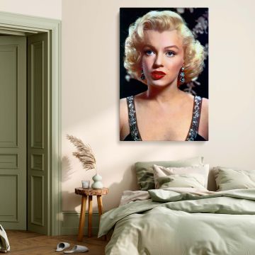 Marilyn Monroe's glamorous close up portrait is a perfect example of vintage Hollywood elegance. Her intense yet soft gaze, dazzling accessories, and timeless beauty are captured in this premium-quality vintage Hollywood photo canvas. It evokes retro char