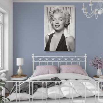Black and white canvas photo of Marilyn Monroe with styled curls and collared dress representing timeless beauty and Hollywood elegance in retro wall art.