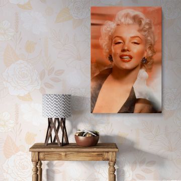 Marilyn Monroe vintage glamour portrait with red lips and warm tones featuring her iconic blonde curls and radiant smile captured in a retro Hollywood photo canvas print ideal for classic actress wall decor and vintage interiors.