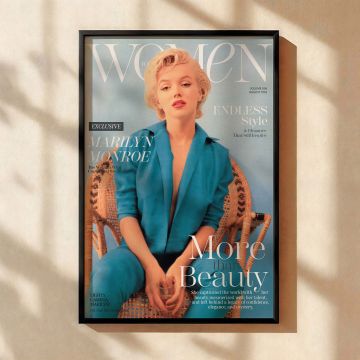 This image features Marilyn Monroe in a blue pantsuit posed confidently on a rattan chair styled in magazine cover format a perfect fashion poster for fans of old Hollywood glam elegant celebrity portraits and vintage wall decor that celebrates timeless b