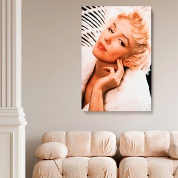 Iconic Hollywood actress Marilyn Monroe in glamorous retro portrait with fur coat and zebra background perfect for vintage home styling.