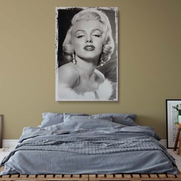 Classic actress portrait of Marilyn Monroe with glamorous styling in black and white fur stole for fans of vintage Hollywood canvas and home decor.