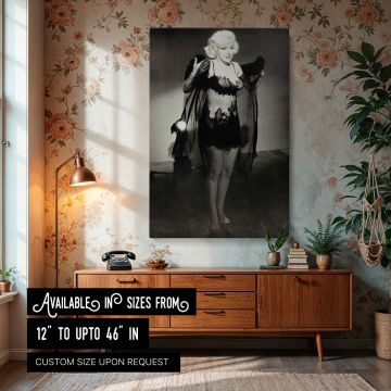 Marilyn Monroe photo print showcasing her in a black sheer lace lingerie with a soft robe iconic Hollywood glamour scene perfect for vintage fashion photography collectors lovers of elegant retro wall art and timeless beauty decor.