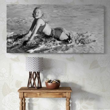 Marilyn Monroe on the Beach - 1952 — single-panel canvas above a console table