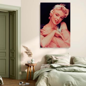 Dreamy portrait of Marilyn Monroe with delicate bird and floral styling for a pastel retro art print with old Hollywood aesthetic.