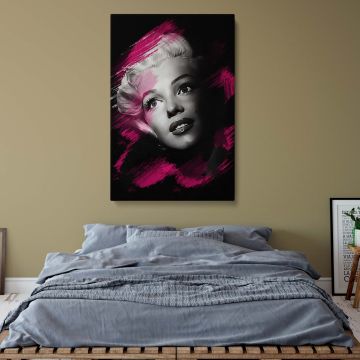 Canvas wall art of Marilyn Monroe in grayscale with painted pink brush strokes across the background ideal for pop art and retro Hollywood wall print displays.