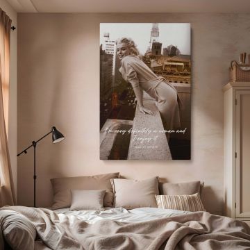 Vintage image of Marilyn Monroe overlooking city skyline with elegant dress and quote overlay perfect for black and white canvas art.