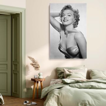 Black and white photo of Marilyn Monroe in radiant smile and stunning jewelry for vintage Hollywood photo canvas and classic wall styling.