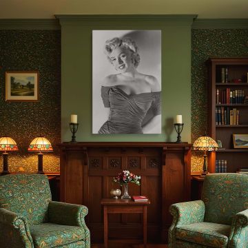 Vintage canvas photo of Marilyn Monroe dressed in a glamorous ruched dress with soft lighting and timeless appeal offers a refined decor statement for those who love classic film stars and nostalgic black-and-white photography wall art.