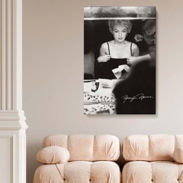 This timeless canvas features Marilyn Monroe's dressing room reflection captured in soft light and shadows a tribute to classic glamour and perfect for vintage Hollywood wall art and retro actress photo with signature home decor.
