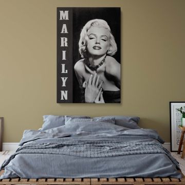 Black and white portrait of Marilyn Monroe styled with bold vertical text on a vintage Hollywood canvas makes this retro photo print an elegant classic actress wall art decor piece for timeless interiors.