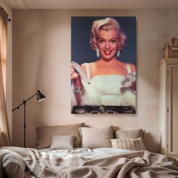 Elegant image of Marilyn Monroe in a white dress holding sparkling diamond accessories and smiling brightly ideal for glamorous vintage Hollywood canvas print retro actress wall art and classic movie decor for fans of timeless beauty and iconic film legen