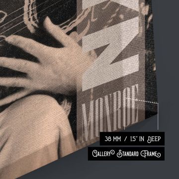 Elegant and evocative Marilyn Monroe wall print showcasing her with a guitar in grayscale imagery and bold type design brings together classic film star charisma and artistic expression ideal for retro decor lovers or vintage pop culture collectors.