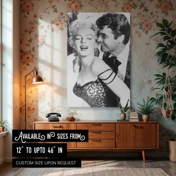 Black and white still of Marilyn Monroe and co-star in River of No Return captured in a joyful film moment with vintage Hollywood charm ideal for classic film fans collectors and retro home decor featuring Monroe in a glamorous sequin dress with timeless 